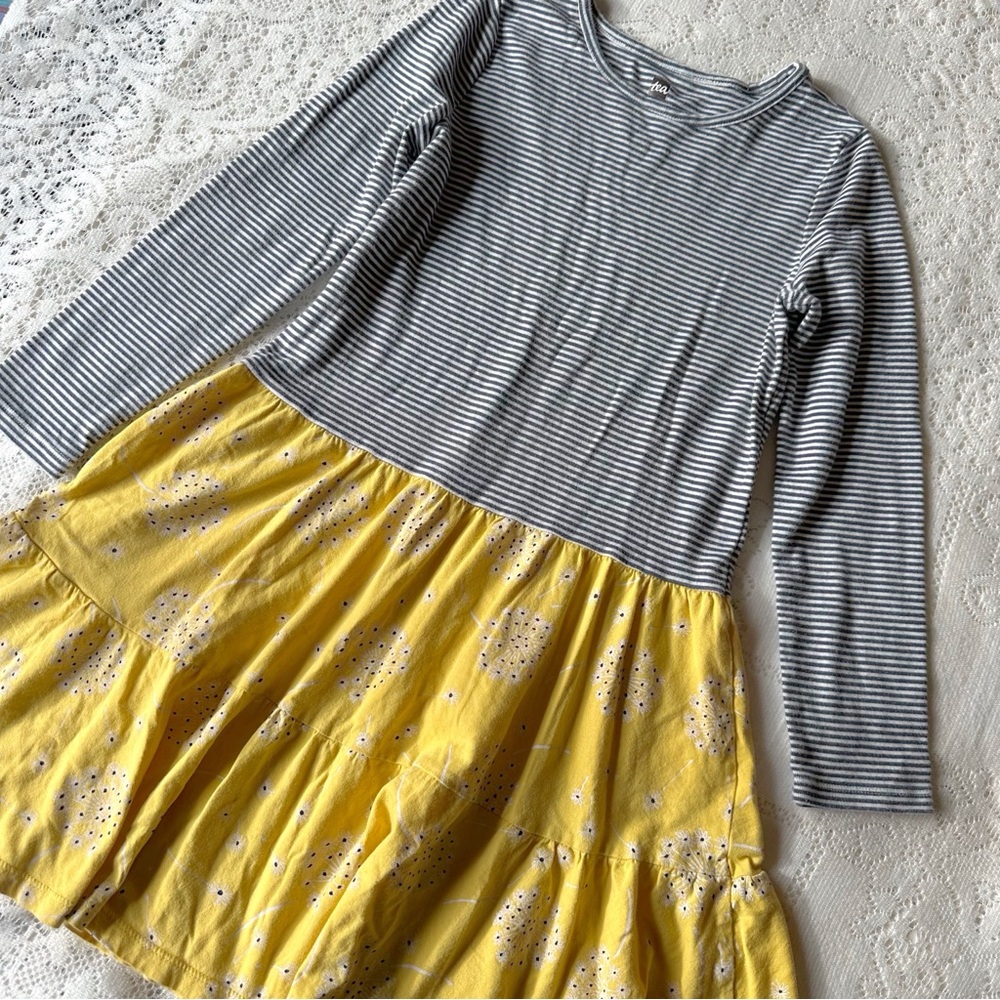 Tea Collection Girls Size 10 Dress Long Sleeve Cotton Mini Striped Yellow Floral
